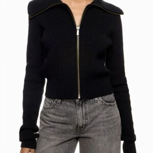 CASHMERE Black Ribbed Zip-Up Sweater